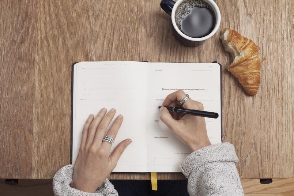 Mains qui écrivent dans un agenda ouvert, à côté d'une tasse de café